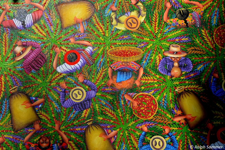Stickereidecke mit Kaffee-Motiv am Atitlánsee
