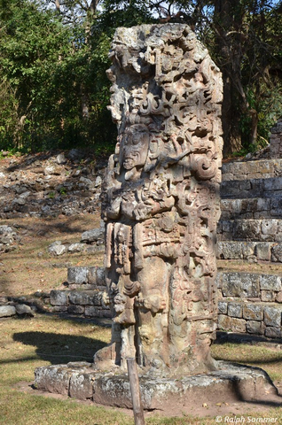 Maya Stele am Treppenaufgang