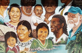 einheimische Köpfe in Belize auf Wandgemälde