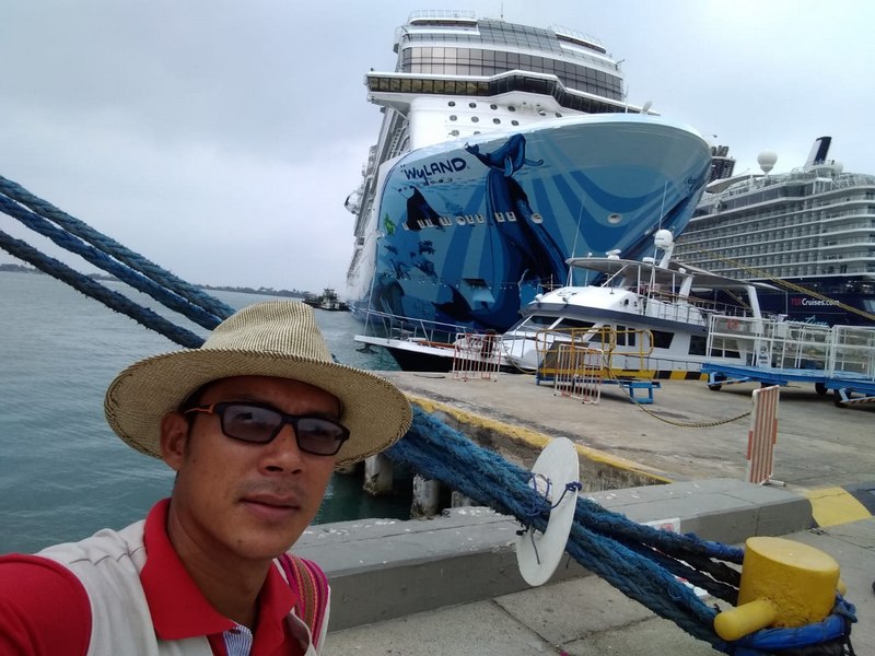 Kreuzfahrtschiff im Hintergrund